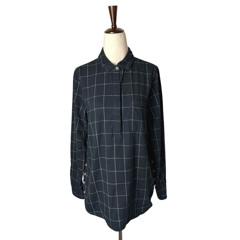 Marine Layer Popover Blouse Womens Medium Black White Windowpane Organic Cotton